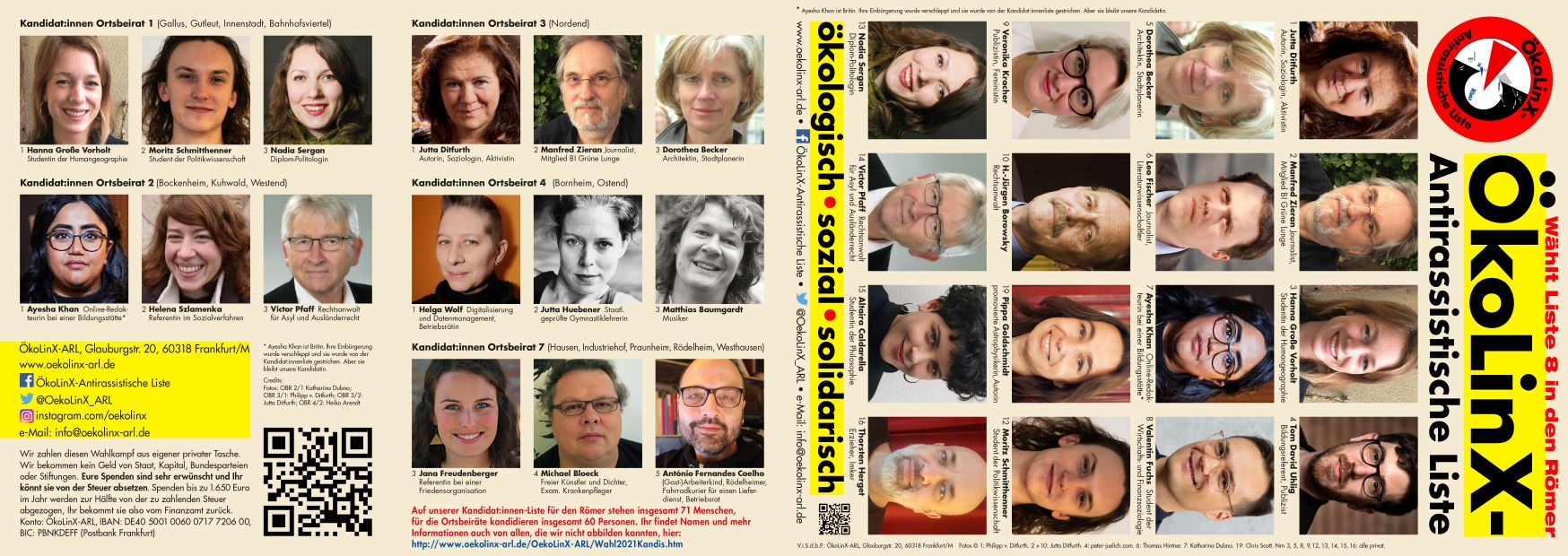 Flyer mit Manifest, Bilder der ersten Kandidat:innen für die Ortsbeiräte und die Stadtliste zur Kommunalwahl in Frankfurt am Main am 14.3.2021