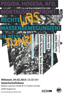 Plakat: Pegida, Hogesa, AfD, Montagsquerfront – Neue rechte Massenbewegung in 2015? Was tun?! 